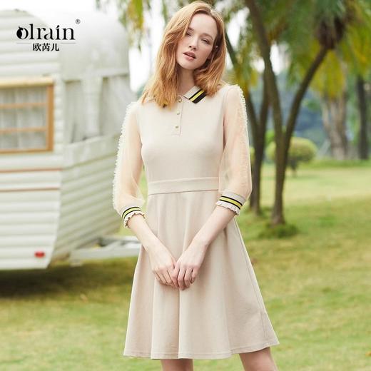 欧芮儿2019秋装新款七分袖连衣裙女 透视网纱拼接显瘦中长款A字裙 商品图0