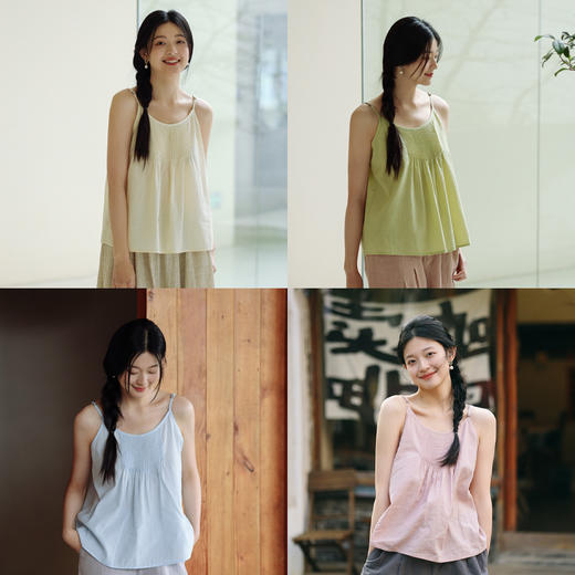 绽放221/天丝苎麻棉精致塔克设计A字宽松遮肉显瘦豆绿细吊带背心 商品图1
