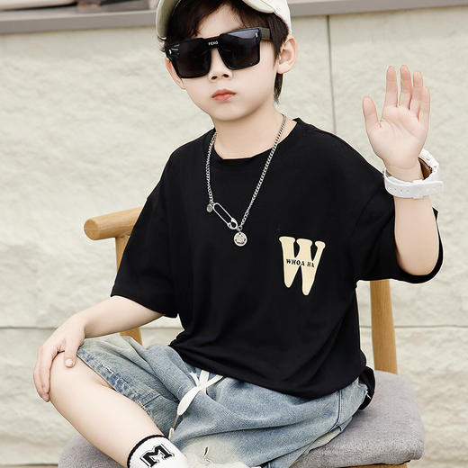 【39.9/2件】新款儿童夏季韩版短袖宽松落肩圆领字母印花百搭宽纯棉袖上衣聚 商品图2