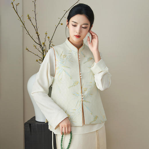 提花改良国风，新中式金丝竹叶鸟浮雕马甲WLZD-2411302 商品图0