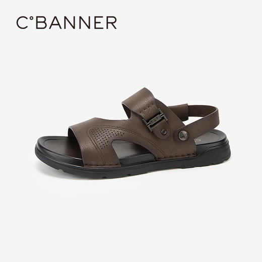 千百度男鞋休闲凉鞋夏季沙滩度假海边真皮增高两穿凉拖鞋A24324504 商品图0