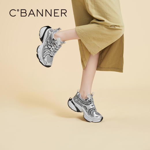 千百度银色厚底老爹鞋女春季网面鞋时尚运动休闲鞋增高A24118809 商品图0