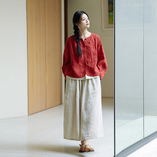 绽放244朵/高端酵素水洗亚麻圆弧形灯笼长袖黄色休闲防晒衬衫 商品图2