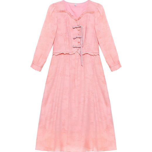QYM-6628106中式连衣裙复古盘扣长袖粉色中长裙时尚女装高腰A字裙 商品图4