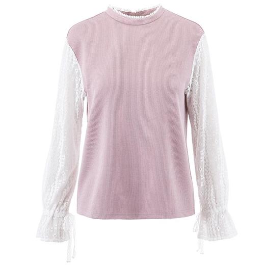 欧芮儿2019新款女装秋装套头圆领宽松粉色蕾丝拼接针织衫上衣打底 商品图3