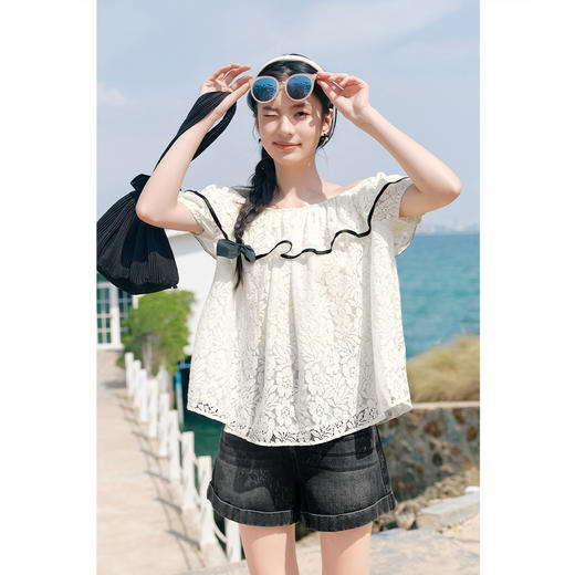 【严选】诗凡黎衬衫一字领浪漫衬衣女2024春夏新款荷叶领百搭法式SF4220351 商品图2