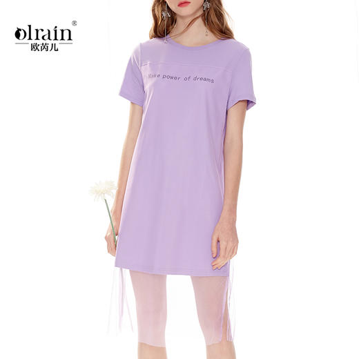 欧芮儿夏装女装字母印花t恤连衣裙女中长款拼接网纱女裙 商品图0