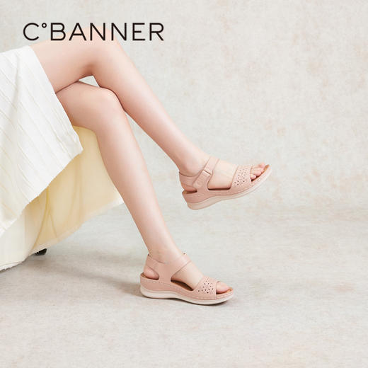 千百度休闲魔术贴凉鞋女款夏季厚底增高镂空透气真皮凉鞋A24301318 商品图0