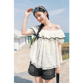 【严选】诗凡黎衬衫一字领浪漫衬衣女2024春夏新款荷叶领百搭法式SF4220351