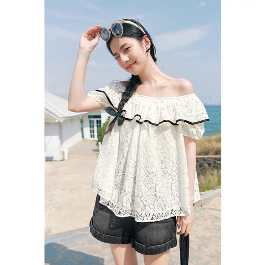 【严选】诗凡黎衬衫一字领浪漫衬衣女2024春夏新款荷叶领百搭法式SF4220351 商品图0