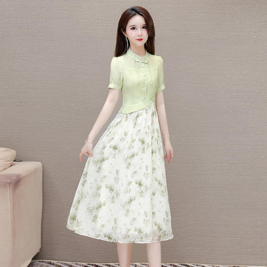 QYM-LZA15夏季新款国风复古裙新款中式拼结假两件印花连衣裙短袖裙 商品图6