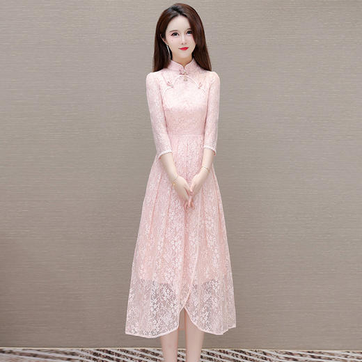 QYM-9605改良旗袍裙中国风中袖气质蕾丝裙夏季网纱裙 商品图6