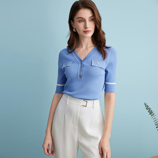 EITIE爱特爱夏季新款时尚气质通勤撞色针织T恤上衣B2401310 商品图2