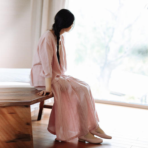 * 绽放225朵/藕荷粉仙女感半身裙天丝亚麻半腰松紧捏褶 商品图1