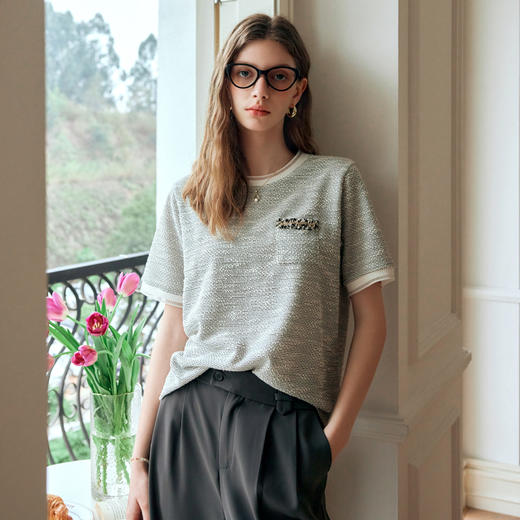 OLrain欧芮儿黑白色短袖T恤女夏季2024年新款小香风圆领针织上衣 商品图1