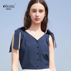 OLrain法式高级穿搭蓝色雪纺衫女夏季2022新款宽松系带设计感上衣
