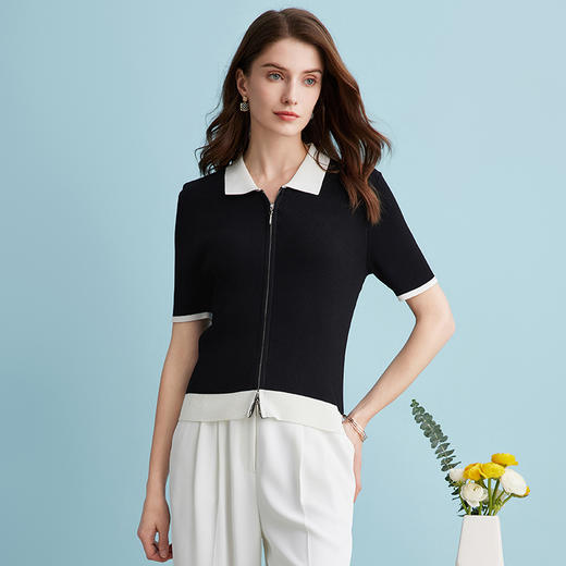 EITIE爱特爱夏季新款时尚气质通勤撞色翻领针织上衣B2401304 商品图3