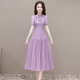 QYM-1722430新款中式印花连衣裙夏季新款气质高腰中长款百褶裙