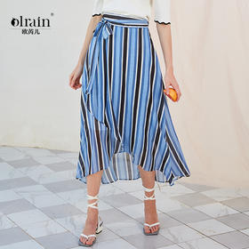 欧芮儿条纹雪纺半身裙女夏季气质不规则薄款系带裙子