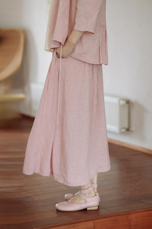 * 绽放225朵/藕荷粉仙女感半身裙天丝亚麻半腰松紧捏褶 商品图5