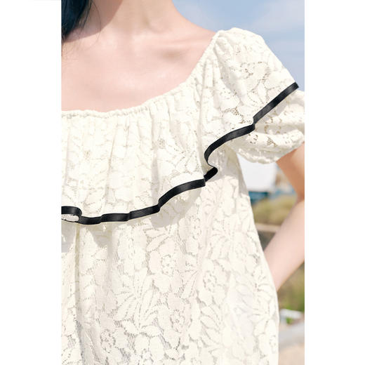 【严选】诗凡黎衬衫一字领浪漫衬衣女2024春夏新款荷叶领百搭法式SF4220351 商品图3