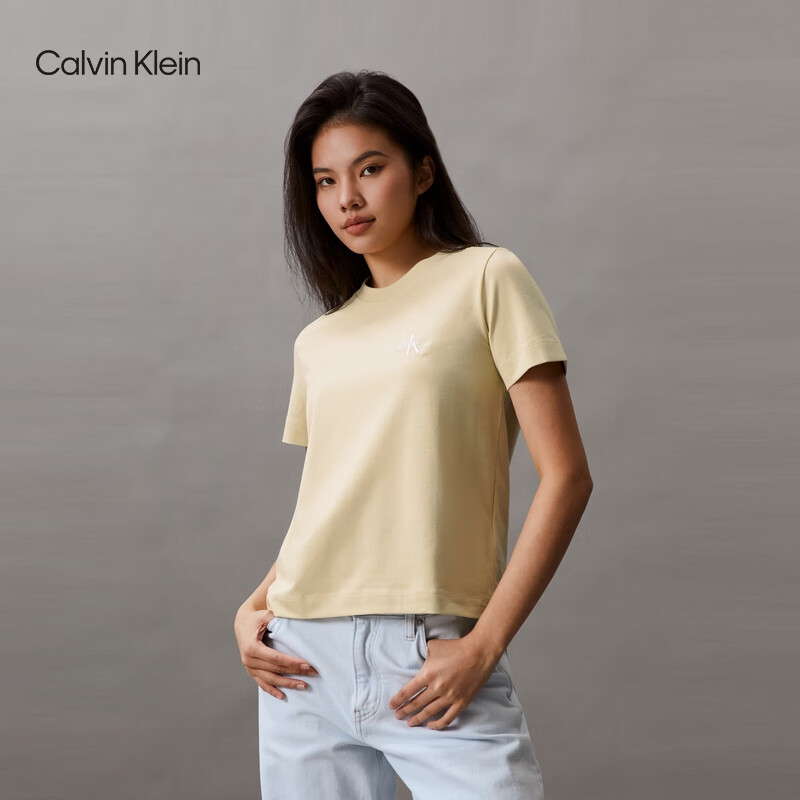 【海南专供价】CKJ新款女士时尚层叠刺绣字母圆领短袖T恤J218883