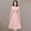QYM-6628106中式连衣裙复古盘扣长袖粉色中长裙时尚女装高腰A字裙 商品缩略图0