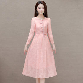 QYM-6628106中式连衣裙复古盘扣长袖粉色中长裙时尚女装高腰A字裙