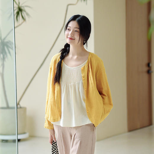 绽放244朵/高端酵素水洗亚麻圆弧形灯笼长袖黄色休闲防晒衬衫 商品图1