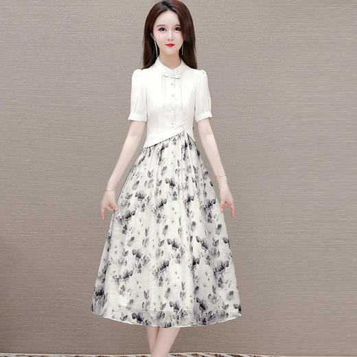QYM-LZA15夏季新款国风复古裙新款中式拼结假两件印花连衣裙短袖裙 商品图5