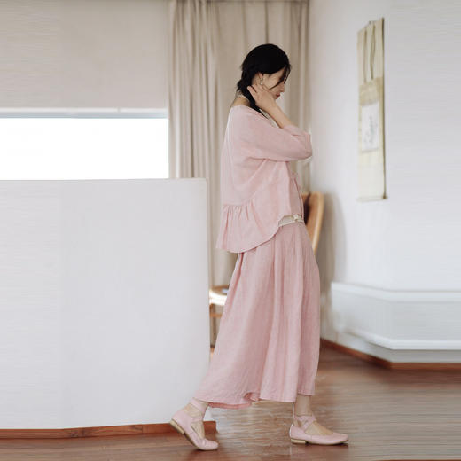 * 绽放225朵/藕荷粉仙女感半身裙天丝亚麻半腰松紧捏褶 商品图3