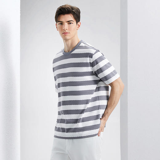 柒牌条纹短袖T恤男2024夏季新款时尚百搭中青年宽松圆领休闲上衣	126T73450 商品图1