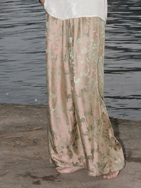 盛唐婧 |桑蚕丝一鹿有你宽松直筒裤-粉绿