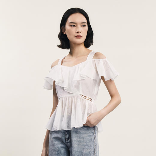 谜底露肩上衣短袖女2024年夏季新品浪漫少女感亲肤小衫242MS0667 商品图1