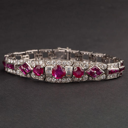 独角鹿西洋古董1930年代英国出品装饰艺术风格铂金镶嵌红宝石及钻石手链 商品图0