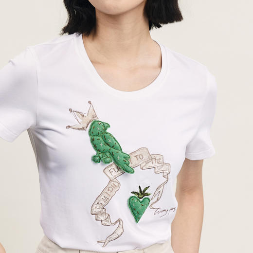 谜底圆领印花T恤女2024年夏季新品时尚绣花修身百搭上衣242MT0527 商品图3