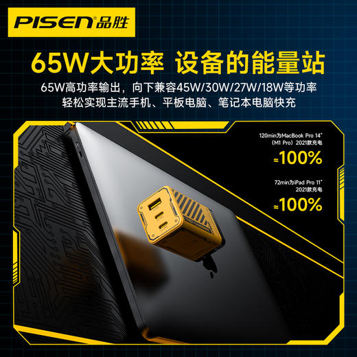 品胜 65W三口2C1A机甲折叠头氮化镓快充充电器 支持小米/华为/苹果手机同时充电头 商品图3