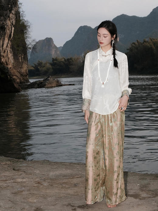 盛唐婧 |桑蚕丝一鹿有你宽松直筒裤-粉绿 商品图1