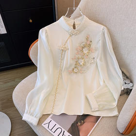 AHM-20216复古旗袍改良盘扣长袖衬衫春季新款重工刺绣钉珠洋气上衣
