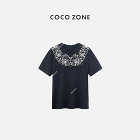 COCO ZONE2024刺绣镂空设计短袖T恤百搭通勤圆领上衣CC2A0413