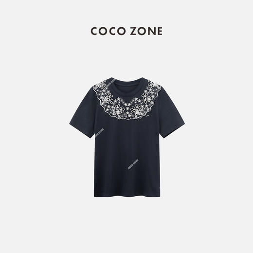 COCO ZONE2024刺绣镂空设计短袖T恤百搭通勤圆领上衣CC2A0413 商品图0