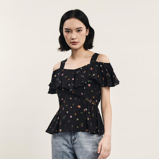 谜底露肩修身上衣短袖女2024夏季新品优雅浪漫碎花小衫242MS0717 商品图1