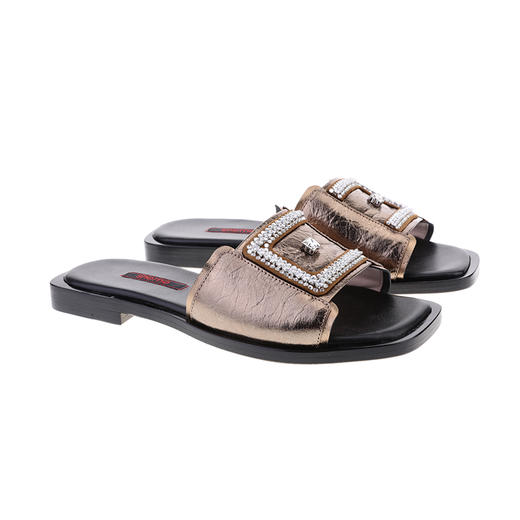 sheme新生系列手抓纹羊皮搭配E形水晶饰扣优雅时尚女士平底凉拖可定制 商品图9