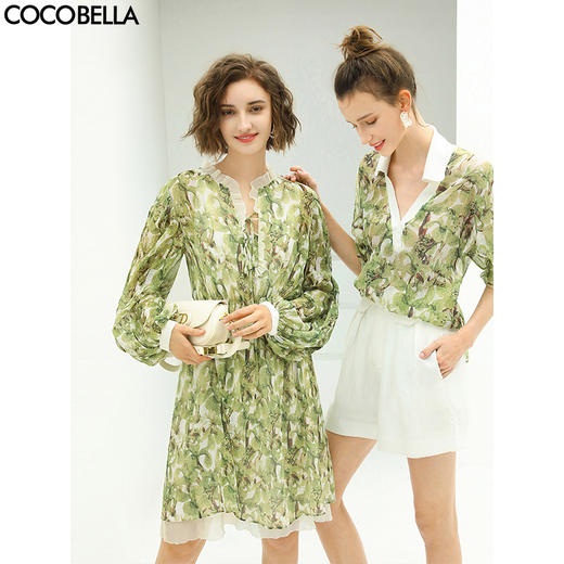 【限时秒杀】COCOBELLA肌理感压褶花卉印花连衣裙女优雅高腰长袖雪纺裙FR512 商品图0