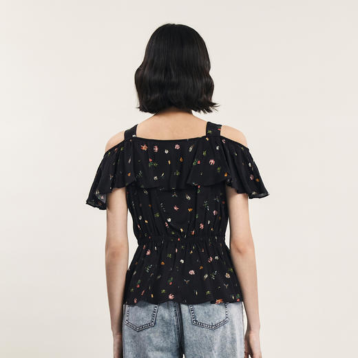 谜底露肩修身上衣短袖女2024夏季新品优雅浪漫碎花小衫242MS0717 商品图2