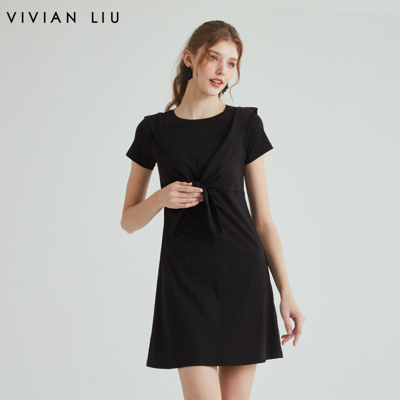 VIVIAN LIU薇薇安刘R2327403春女装新款圆领胸口飘带短袖连衣裙