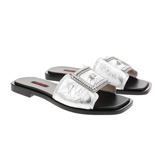 sheme新生系列手抓纹羊皮搭配E形水晶饰扣优雅时尚女士平底凉拖可定制 商品图4