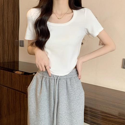【69元2件】女法式方领短袖T恤 夏季辣妹弧形不规则下摆 纯色短款修身正肩内搭打底上衣 商品图2