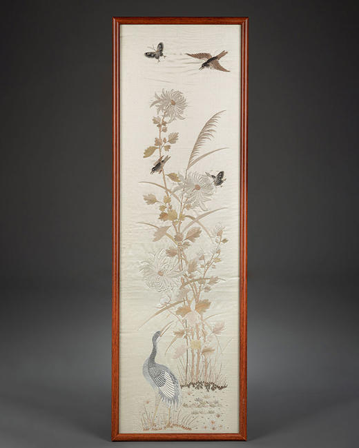 独角鹿西洋古董20世纪初中国出品传统四季花鸟主题粤绣四条屏 商品图3