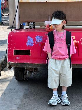 【复古工装，潮流颜值爆表！】2024夏季新款韩版男童，字母圆领套头洋气休闲短袖，儿童T恤潮套装！-ry